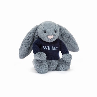 Jellycat Bashful Dusky Blue Bunny with Navy Jumper New Zealand | EBUQG5824